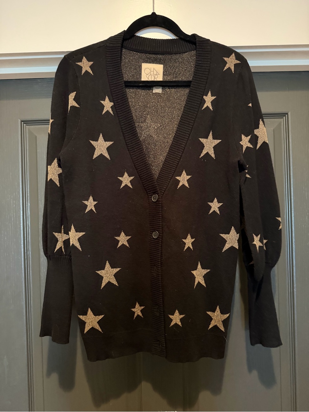 Chasor Stars V-Neck Cardigan Sweater - Black with Metallic Stars